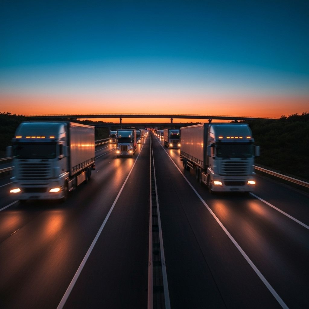 Tractocamiones circulando en autopista moderna al atardecer